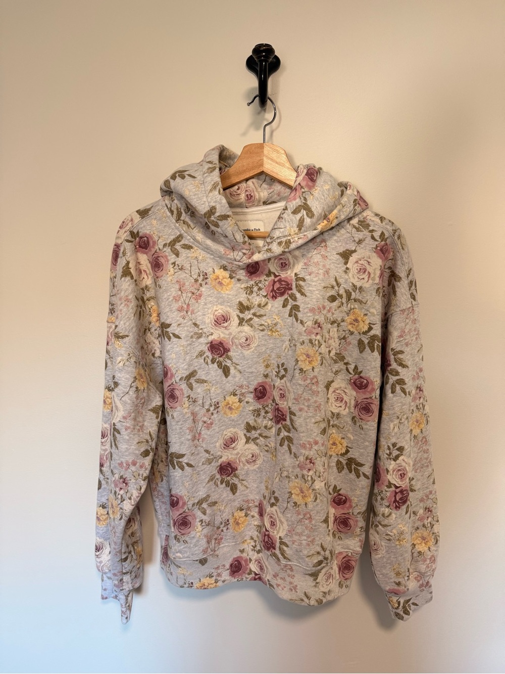 Abercrombie & Fitch Floral Hooded Sweatshirt in Gray with Pink and Yellow Blooms
